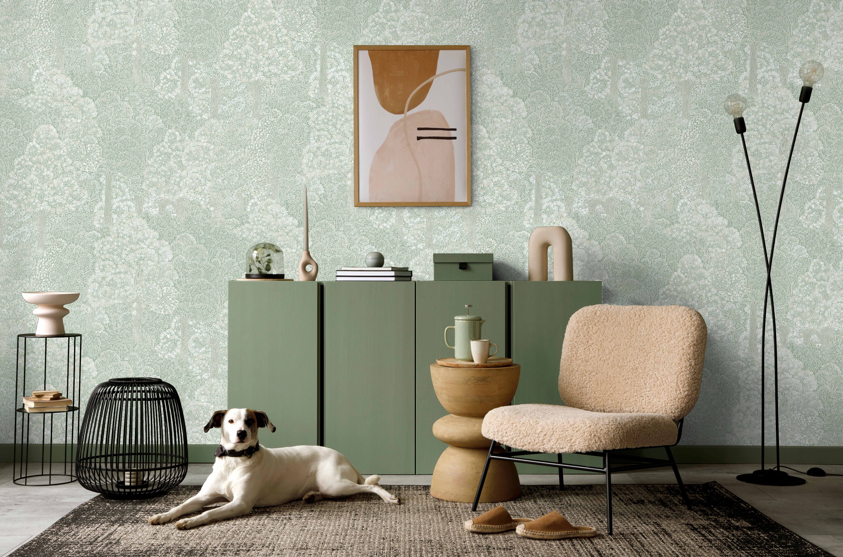 Light Green Floral Wallpaper, Natural Wallpaper, Modern & Minimalist Wall Covering,Modern Look Neutral Colors Glittering Wallcovering