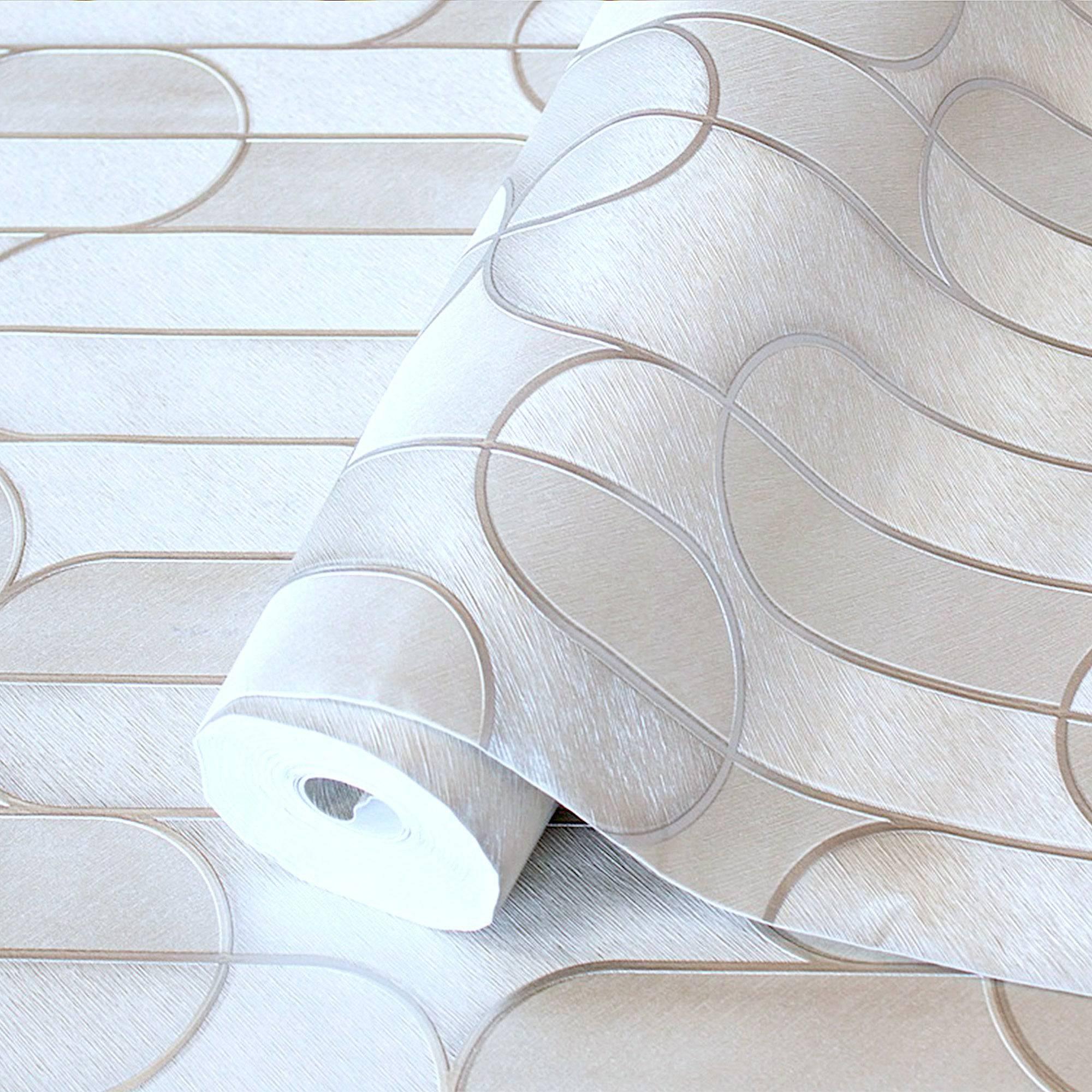Rounded Shapes 3D Embossed Wallpaper, Cream Velvet Flocked Geometric Elegant Wallcovering