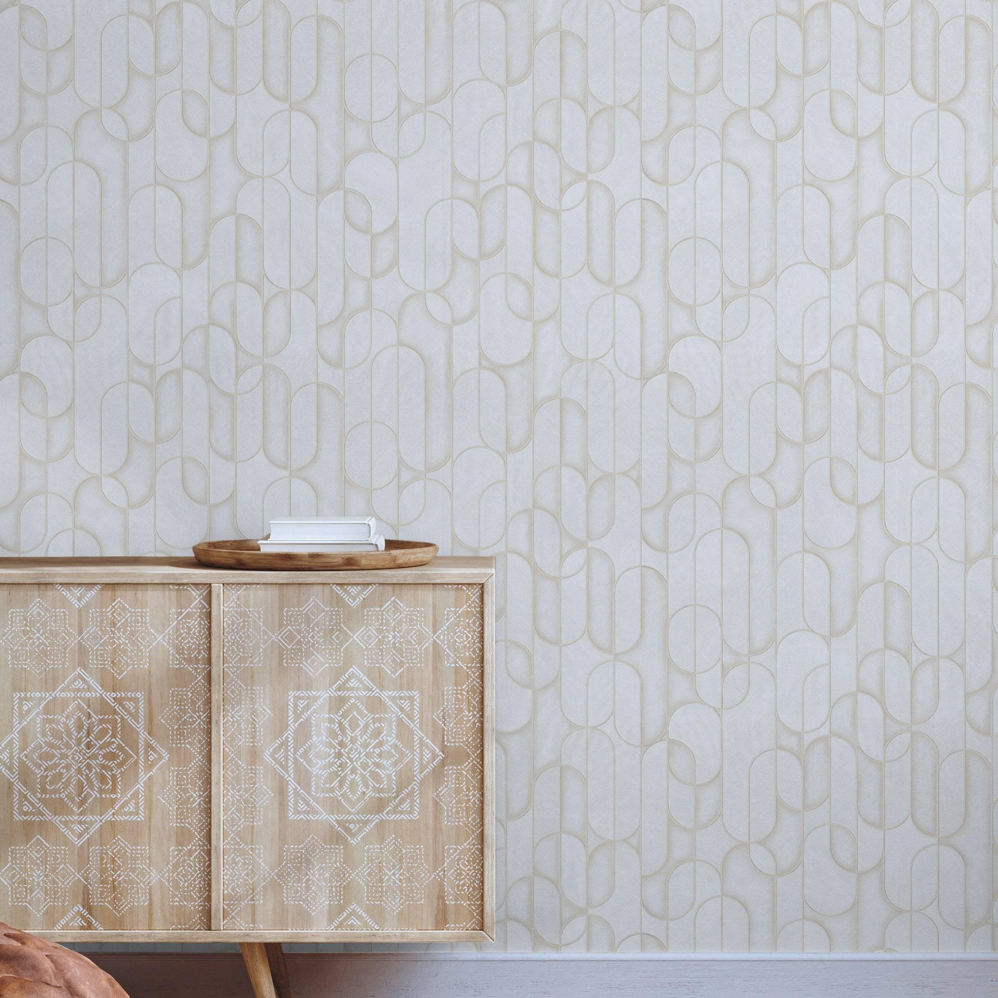 Rounded Shapes 3D Embossed Wallpaper, Cream Velvet Flocked Geometric Elegant Wallcovering