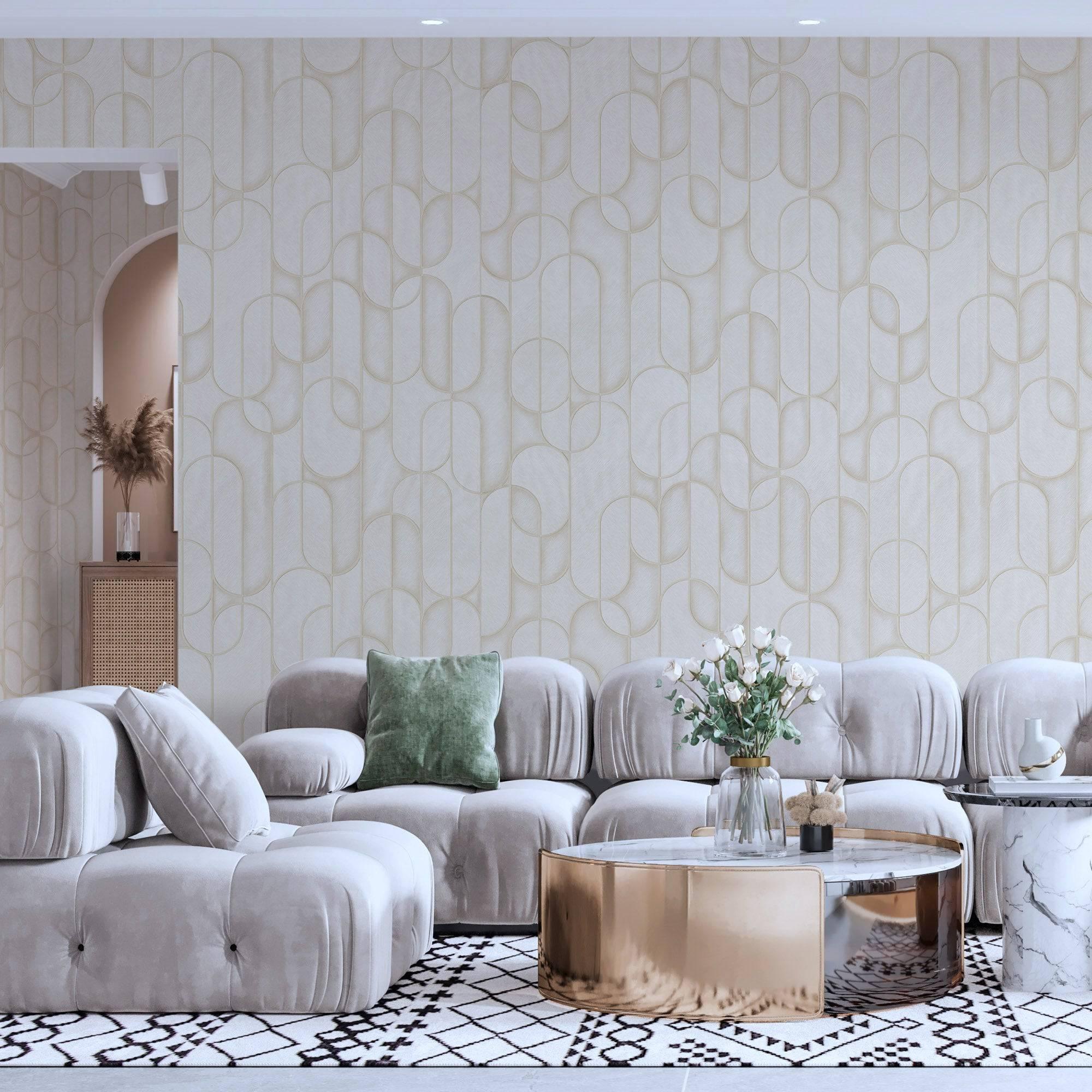 Rounded Shapes 3D Embossed Wallpaper, Cream Velvet Flocked Geometric Elegant Wallcovering