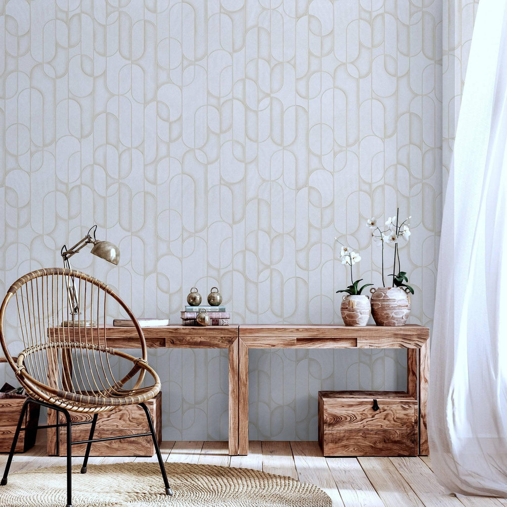 Rounded Shapes 3D Embossed Wallpaper, Cream Velvet Flocked Geometric Elegant Wallcovering