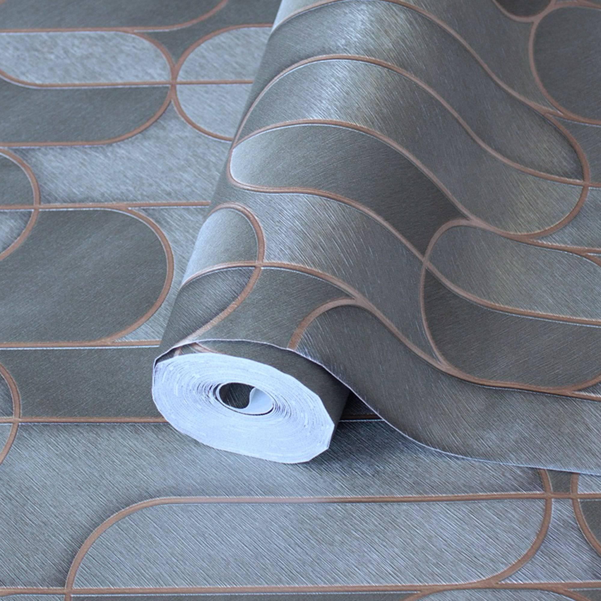 Rounded Shapes 3D Embossed Wallpaper, Dark Gray Velvet Flocked Geometric Elegant Wallcovering