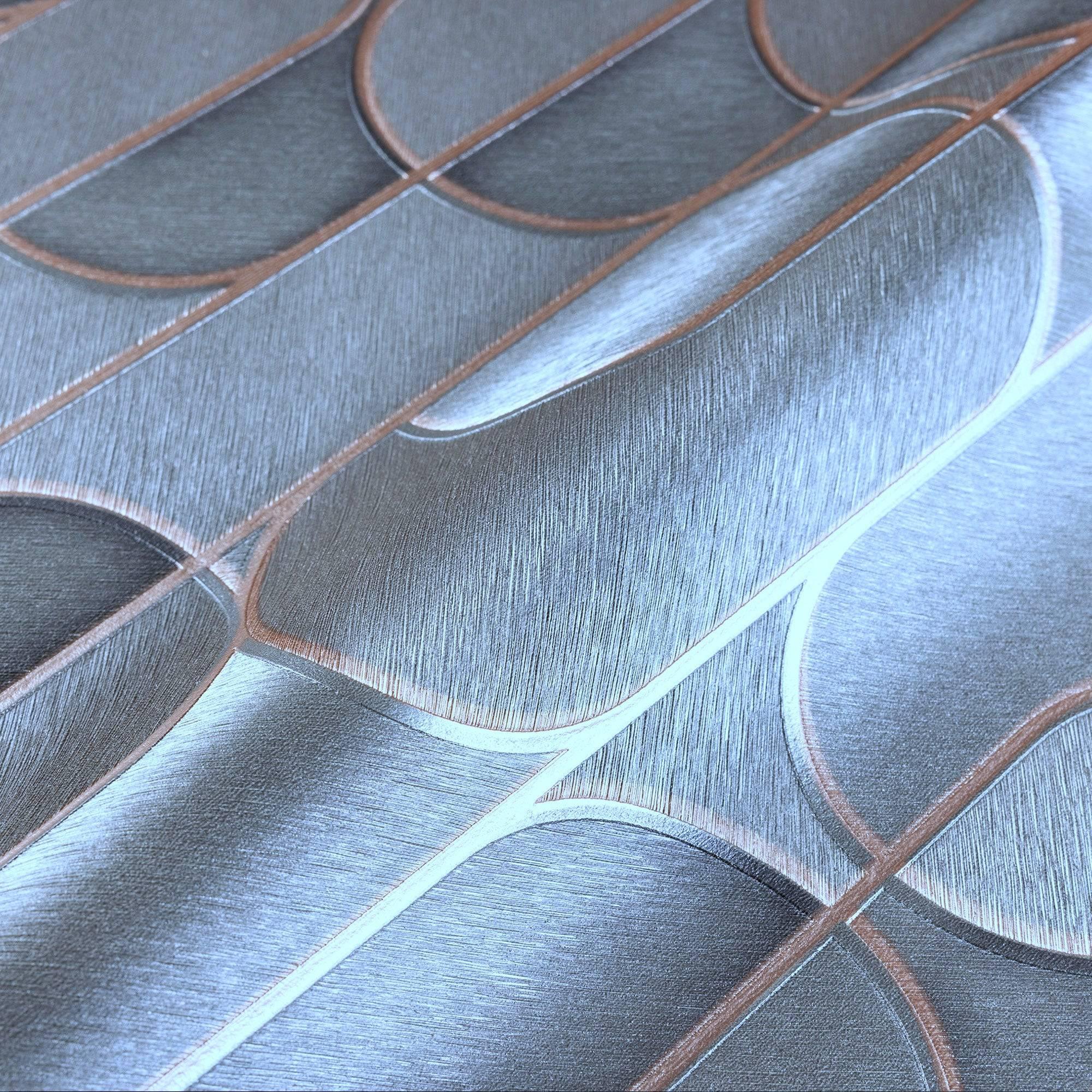 Rounded Shapes 3D Embossed Wallpaper, Dark Gray Velvet Flocked Geometric Elegant Wallcovering
