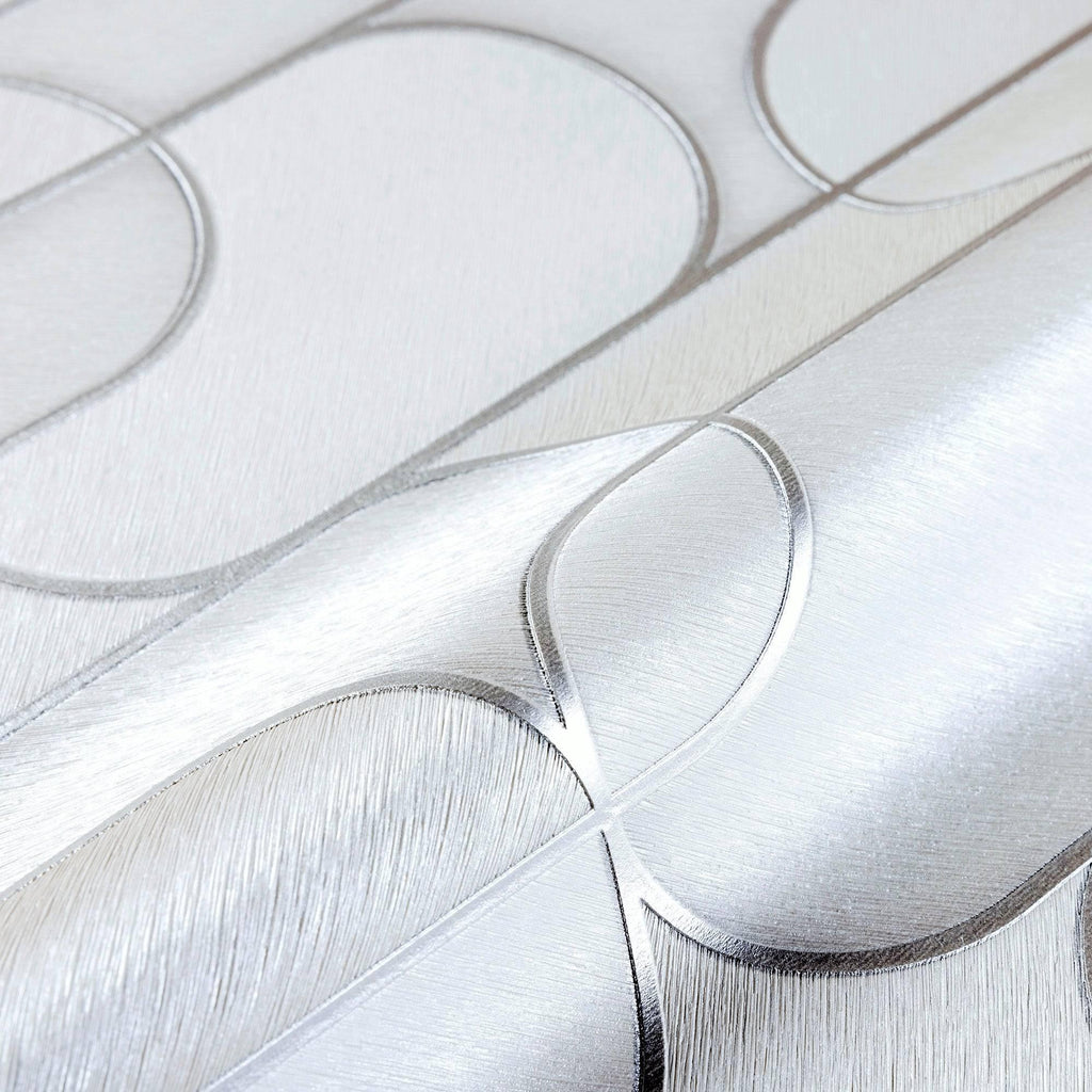 Rounded Shapes 3D Embossed Wallpaper, White Velvet Flocked Geometric Elegant Wallcovering