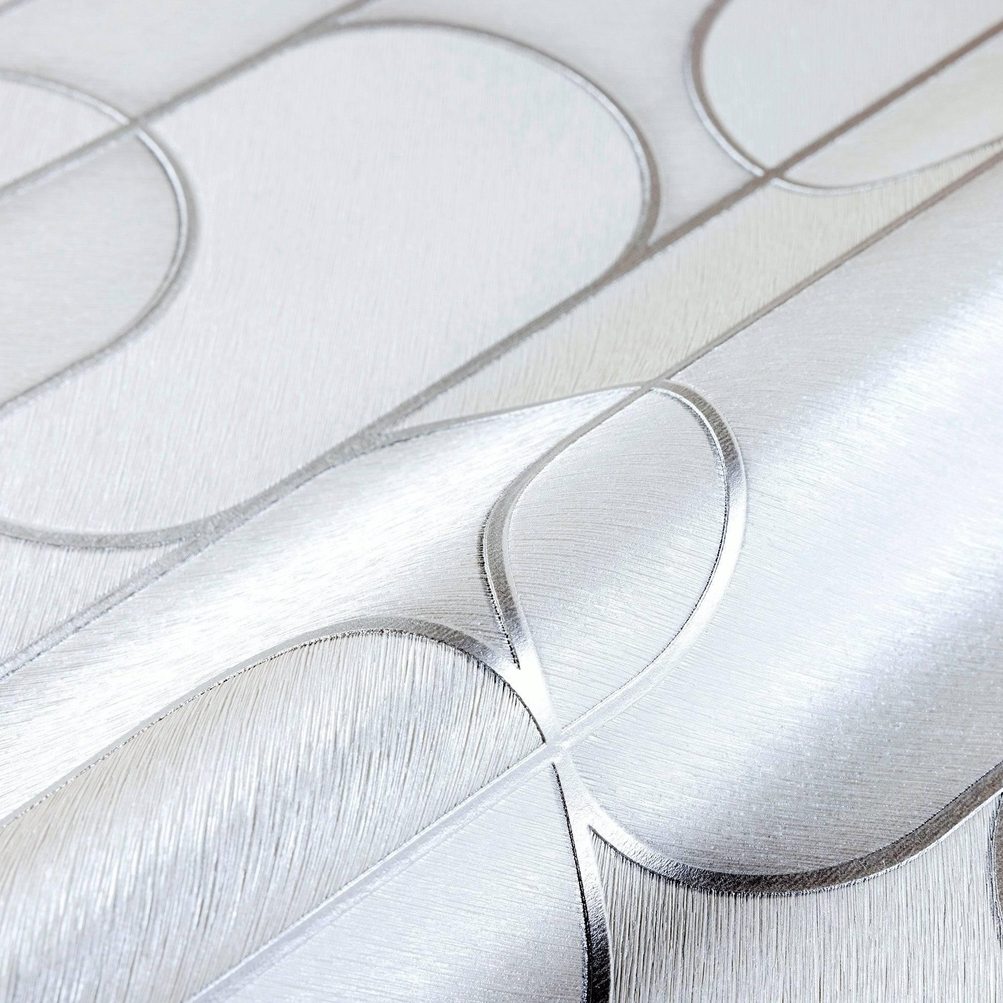 Rounded Shapes 3D Embossed Wallpaper, White Velvet Flocked Geometric Elegant Wallcovering