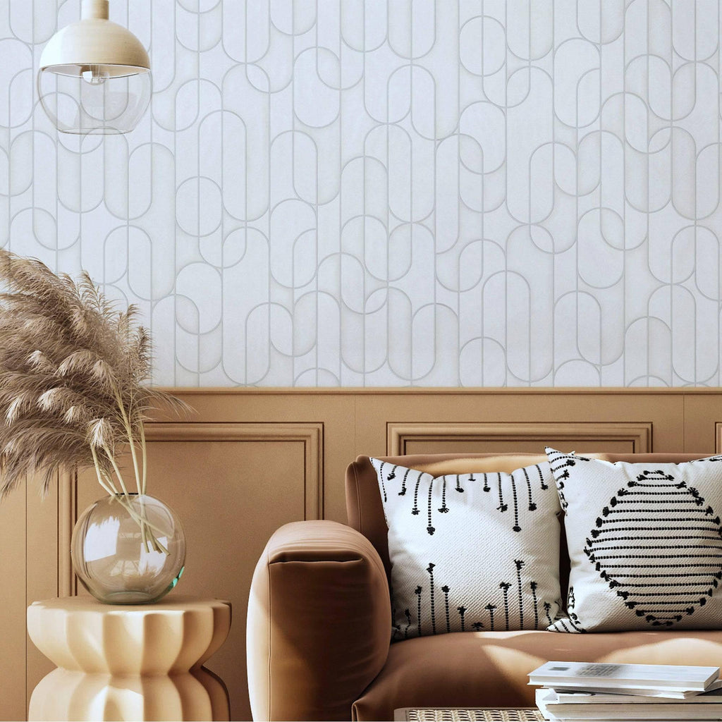 Rounded Shapes 3D Embossed Wallpaper, White Velvet Flocked Geometric Elegant Wallcovering
