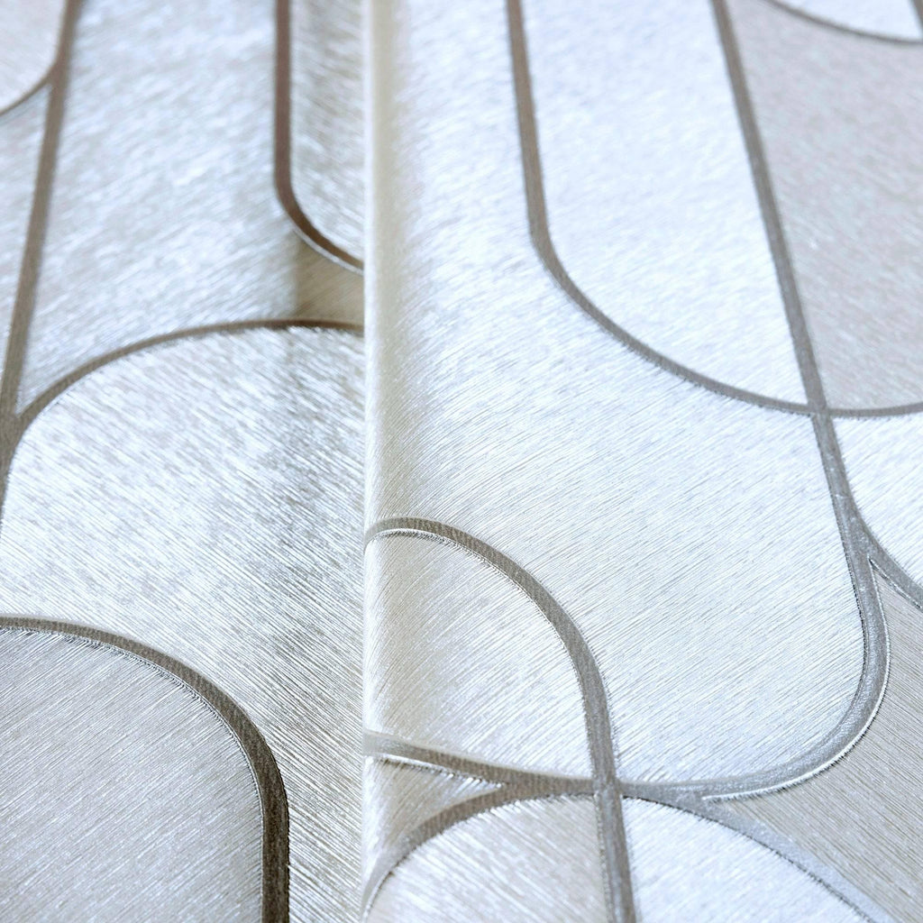Rounded Shapes 3D Embossed Wallpaper, White Velvet Flocked Geometric Elegant Wallcovering