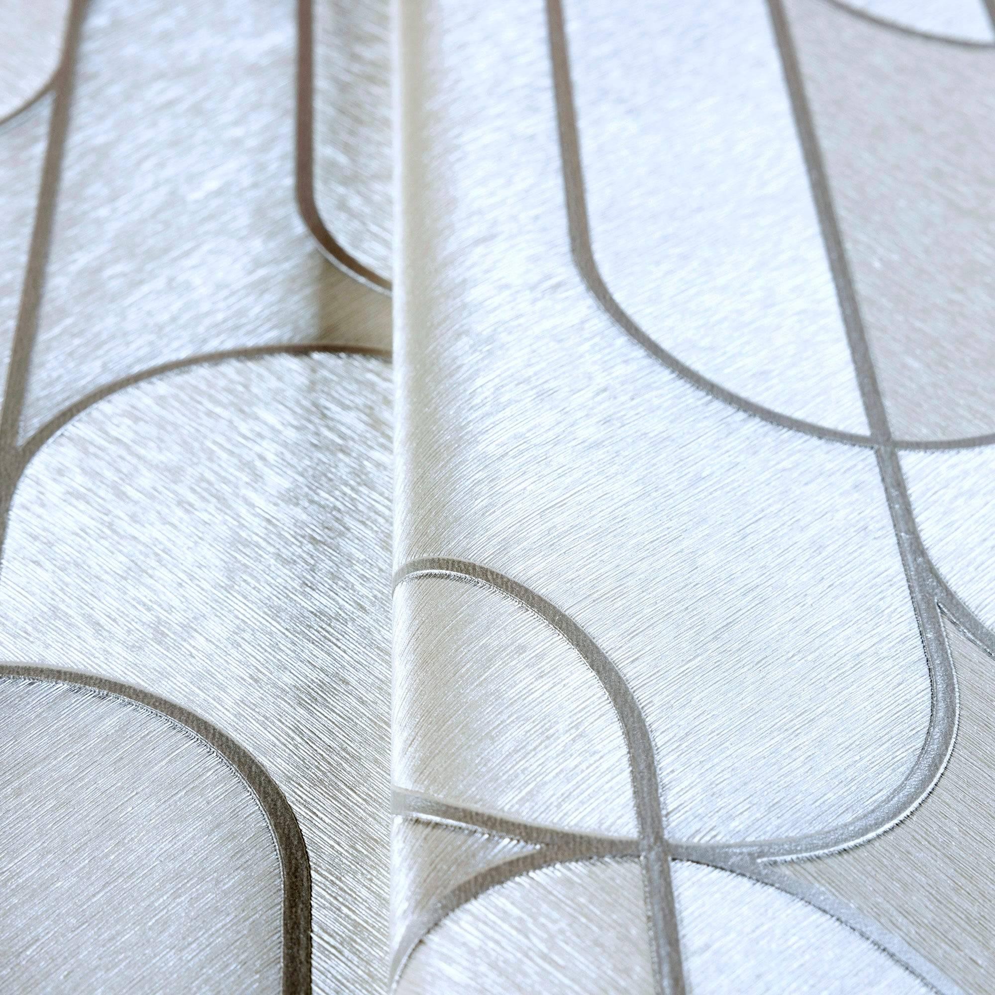 Rounded Shapes 3D Embossed Wallpaper, White Velvet Flocked Geometric Elegant Wallcovering