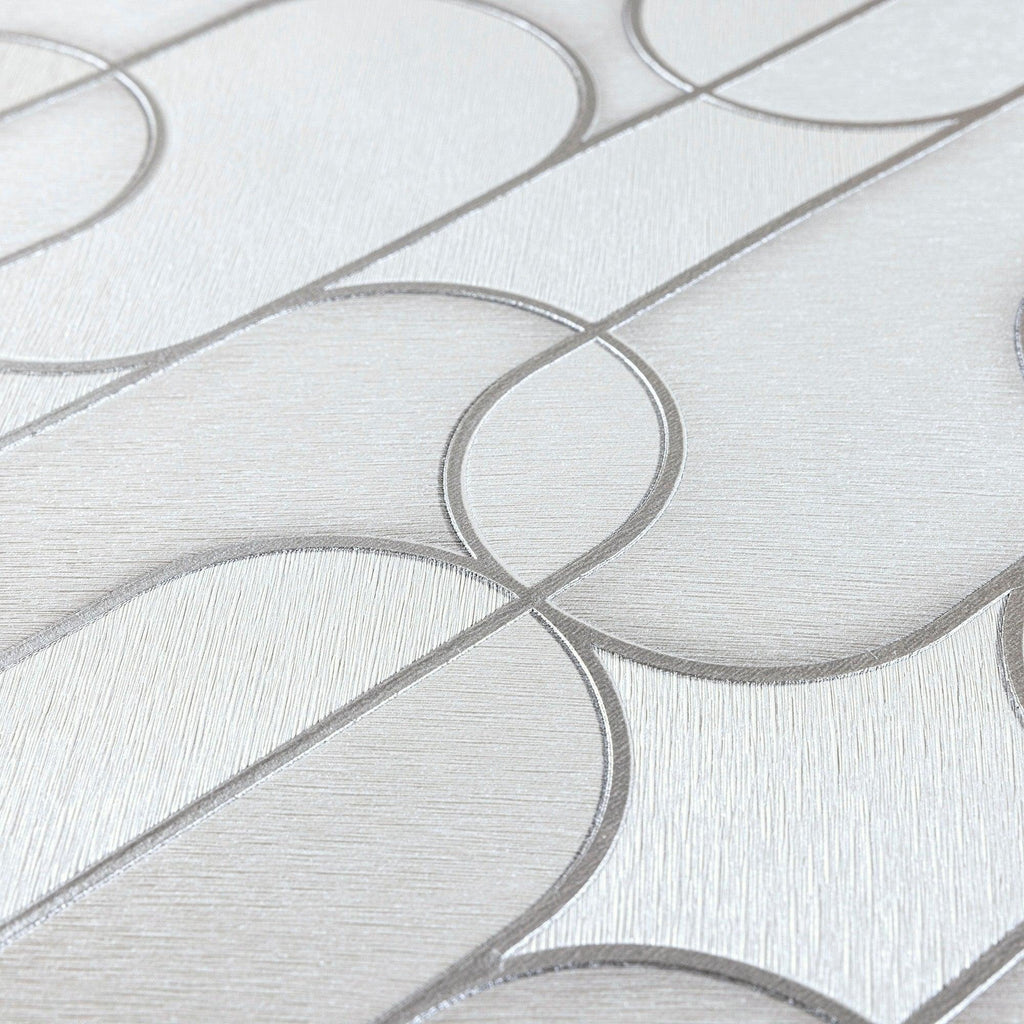 Rounded Shapes 3D Embossed Wallpaper, White Velvet Flocked Geometric Elegant Wallcovering