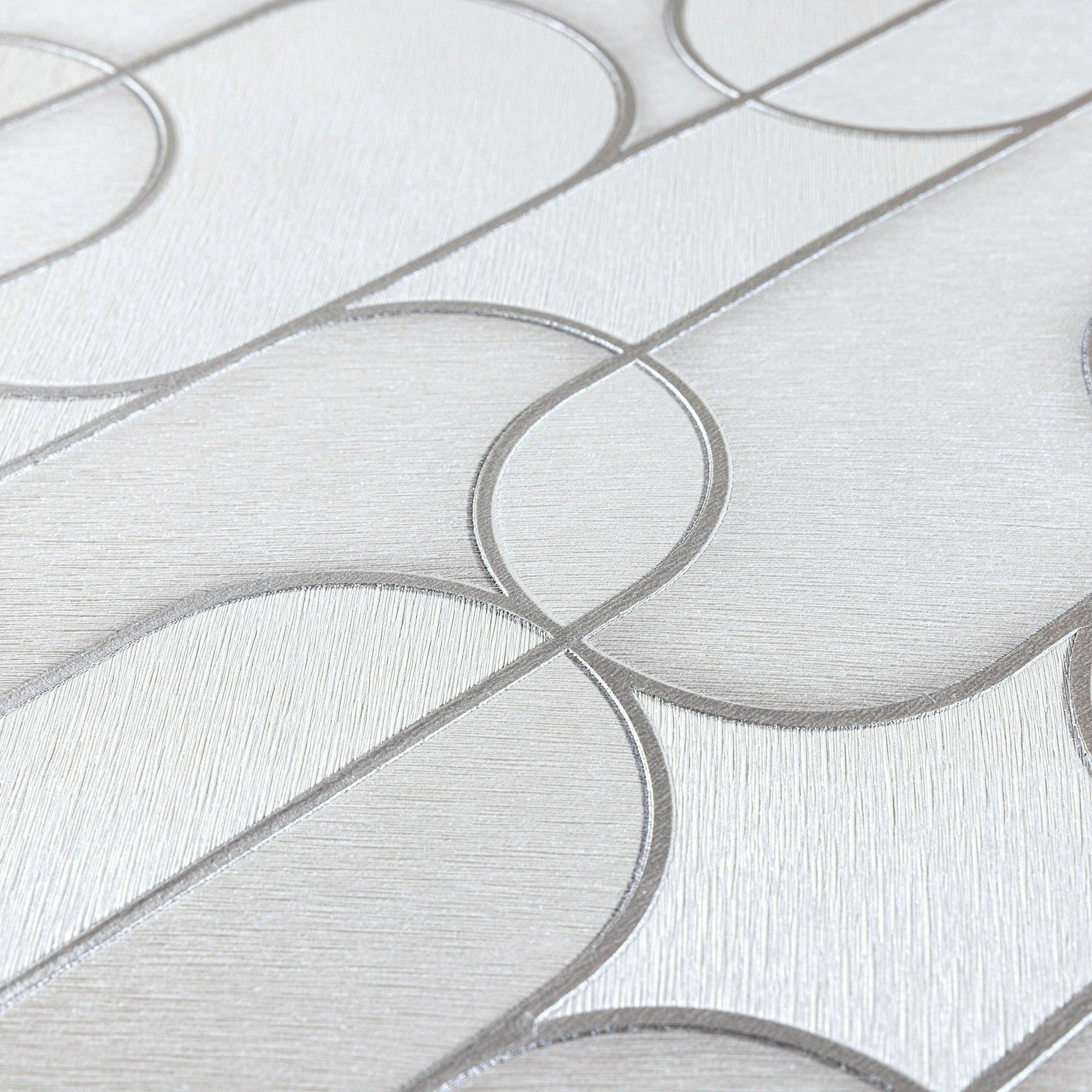 Rounded Shapes 3D Embossed Wallpaper, White Velvet Flocked Geometric Elegant Wallcovering